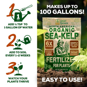 Smart Grower Sea-Kelp bag-label displays organic, non-GMO seaweed fertilizer