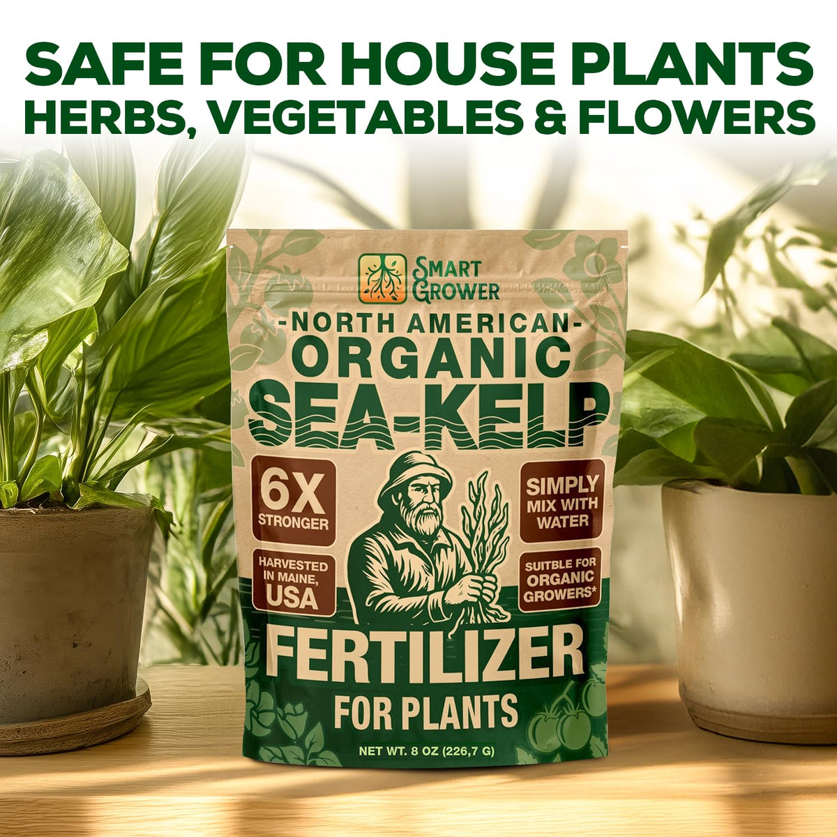 Smart Grower Sea-Kelp concentrate-packet highlights compact formula for large gardens