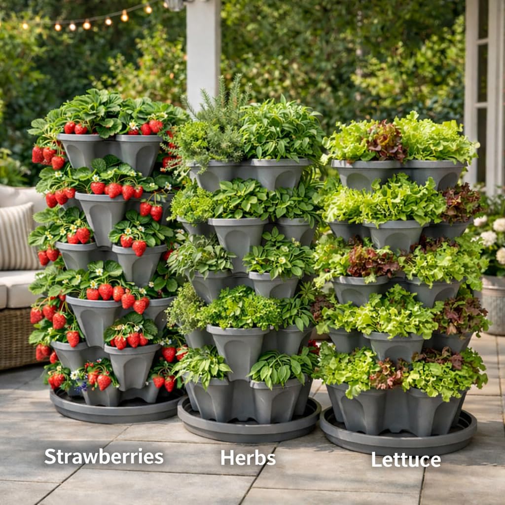 Smart Spring garden drip-saucer setup highlights self-watering flow for up to 20 plants.