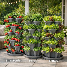 Smart Spring garden drip-saucer setup highlights self-watering flow for up to 20 plants.