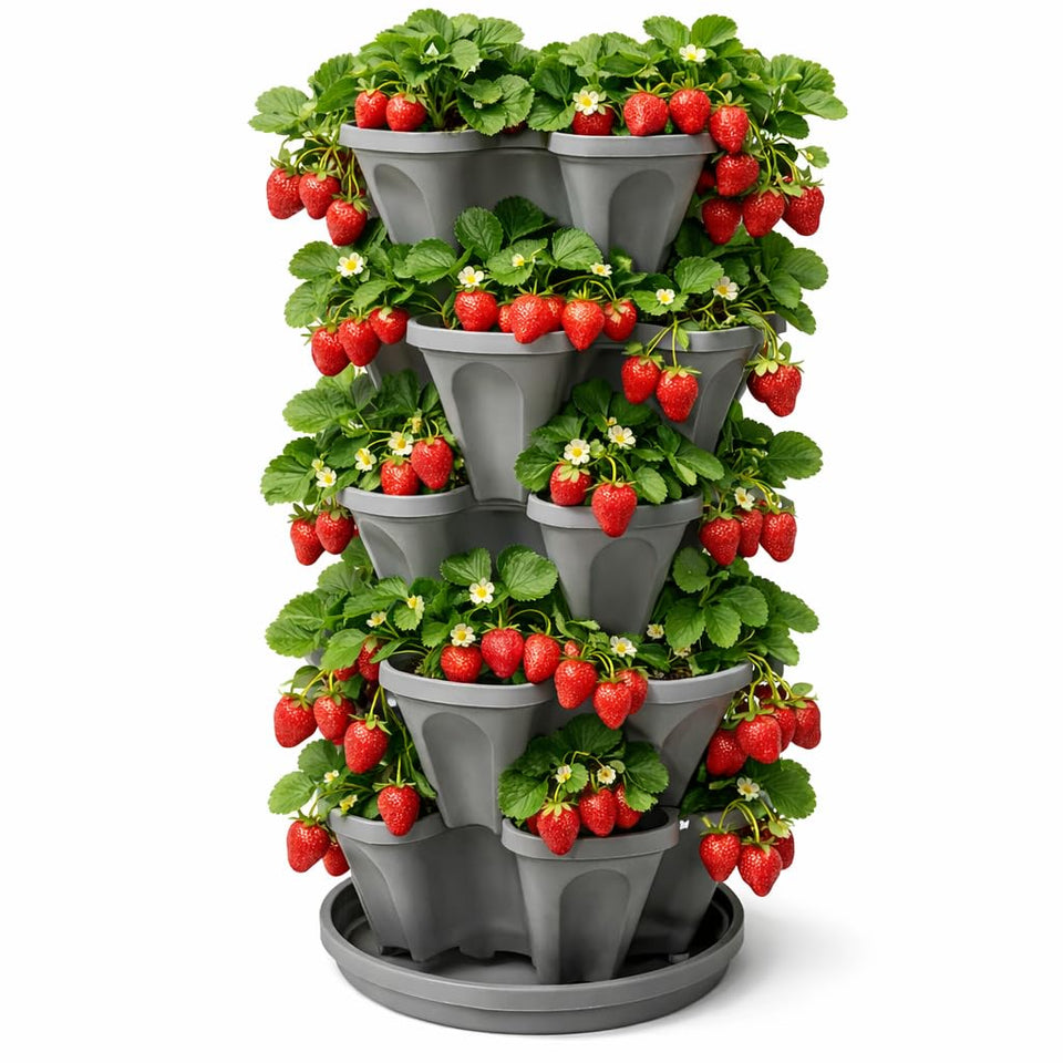 Smart Spring 5-tier garden top view shows space-saving strawberry setup for balconies.