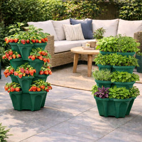 Smart Spring Strawberry Planter Tower watering flow illustrates easy top-to-bottom irrigation