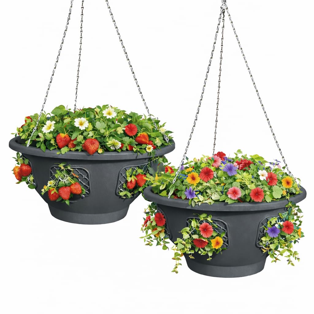 Smart Spring Ultimate Hanging Basket with strawberries on a deck for easy balcony gardening