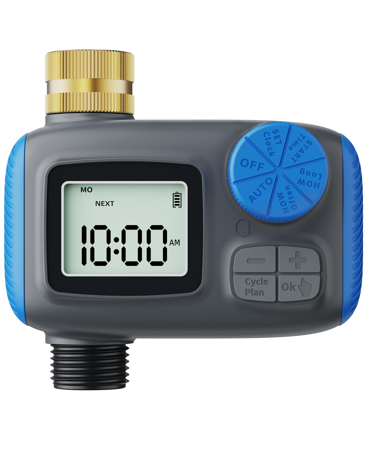 Smartale Sprinkler Timer brass swivel closeup shows a durable outdoor connection.
