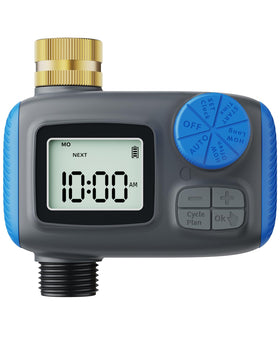 Smartale Sprinkler Timer brass swivel closeup shows a durable outdoor connection.