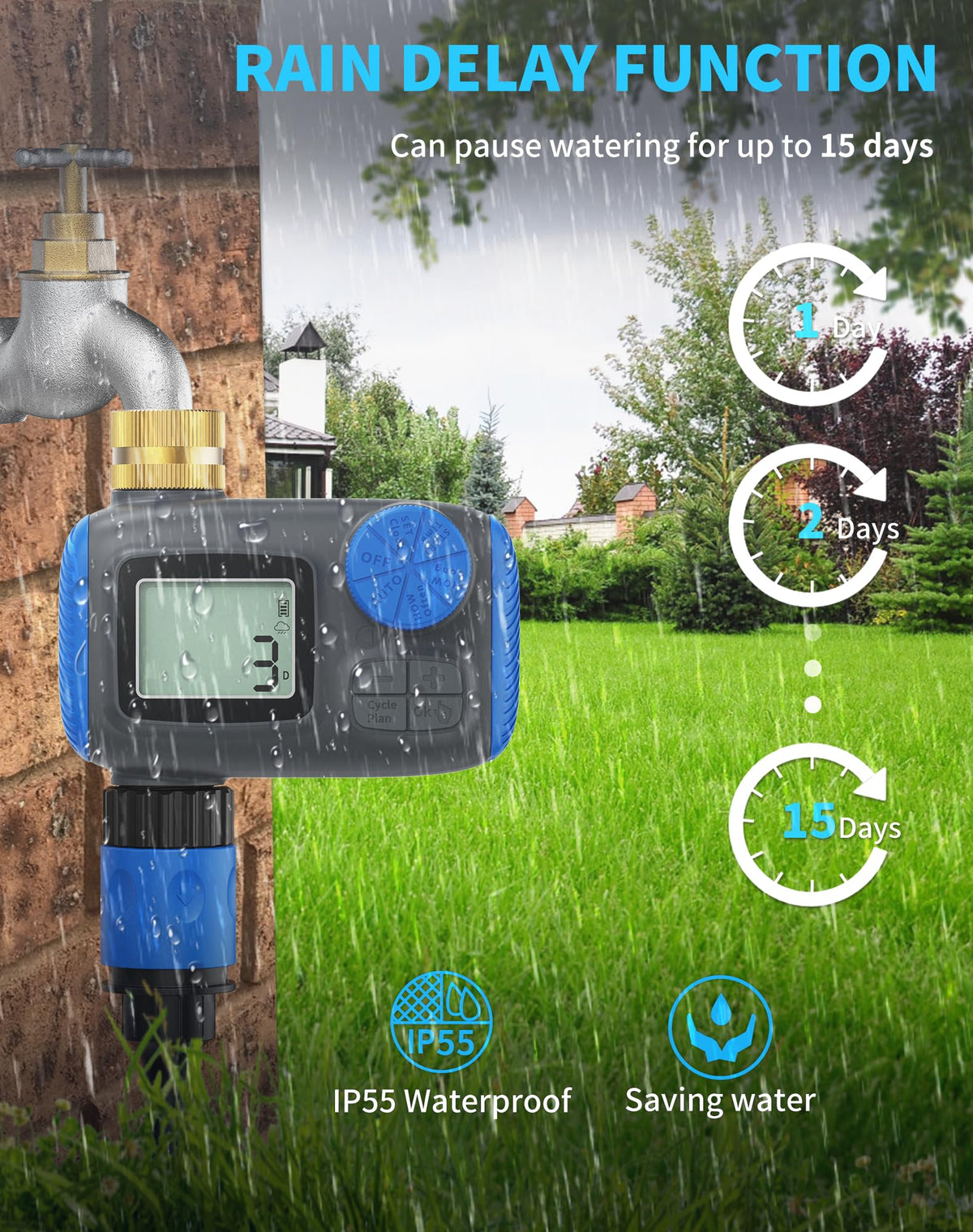 Smartale Sprinkler Timer rain delay icon illustrates weather-aware watering flexibility.