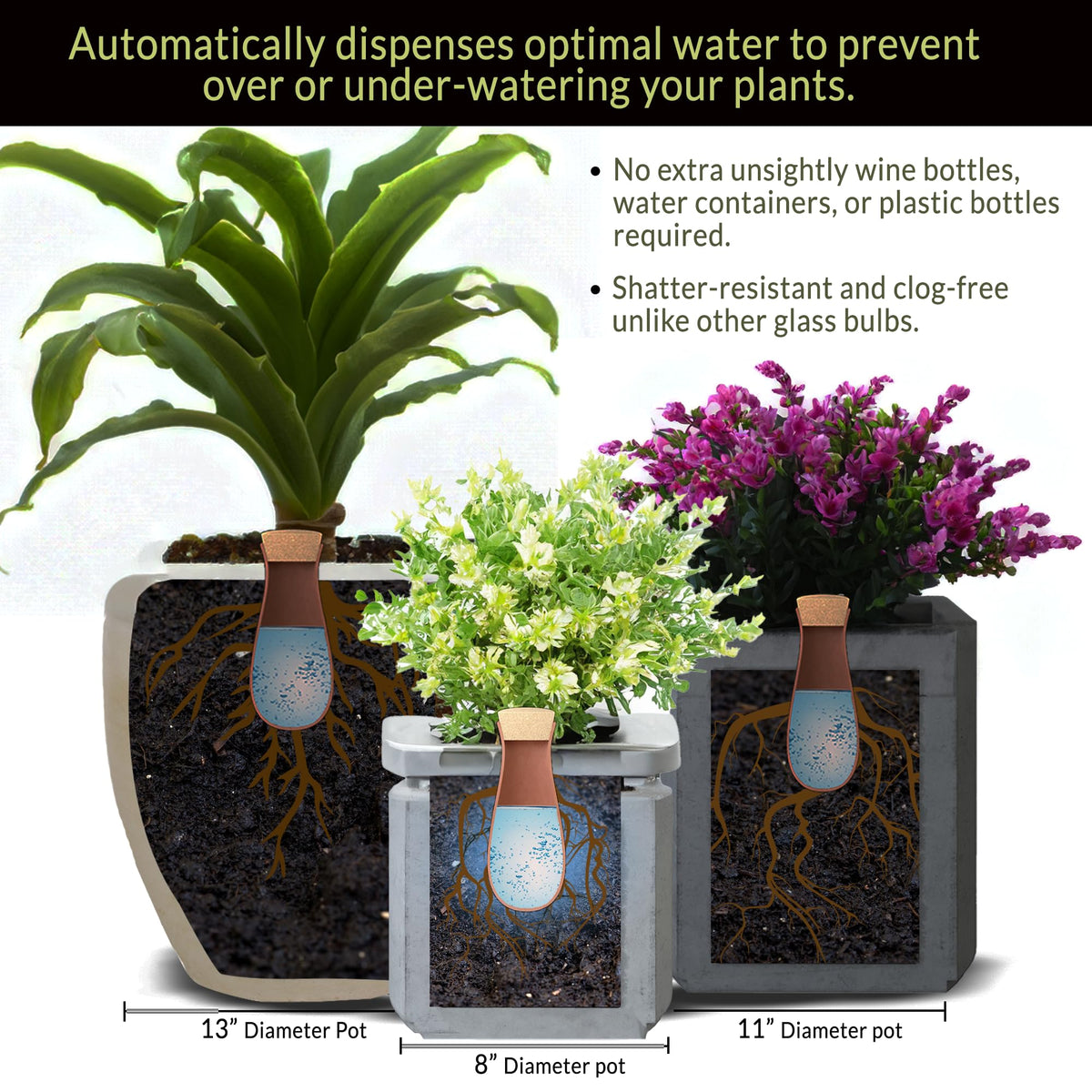 Terracotta bulb buried in soil provides slow, steady hydration.