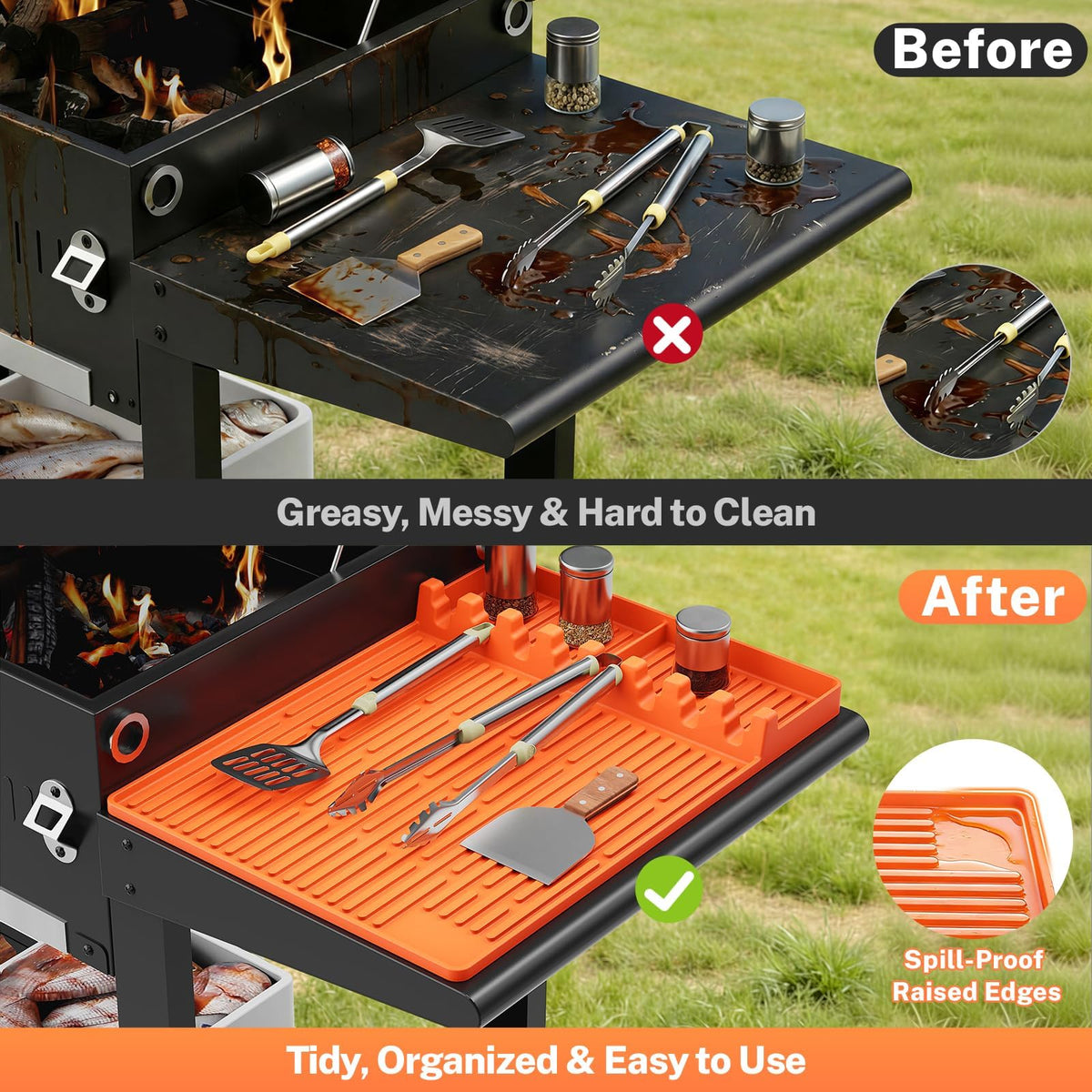 SmartKempt grill mat long drip pad catches drips for a cleaner grill area