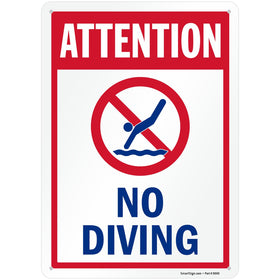 SmartSign Attention No Diving pool sign clearly marks restricted area for safety.