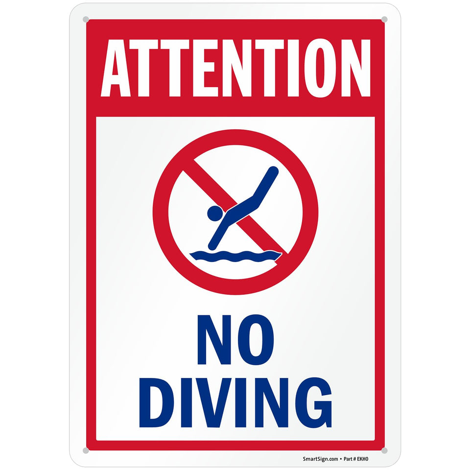 SmartSign Attention No Diving pool sign clearly marks restricted area for safety.