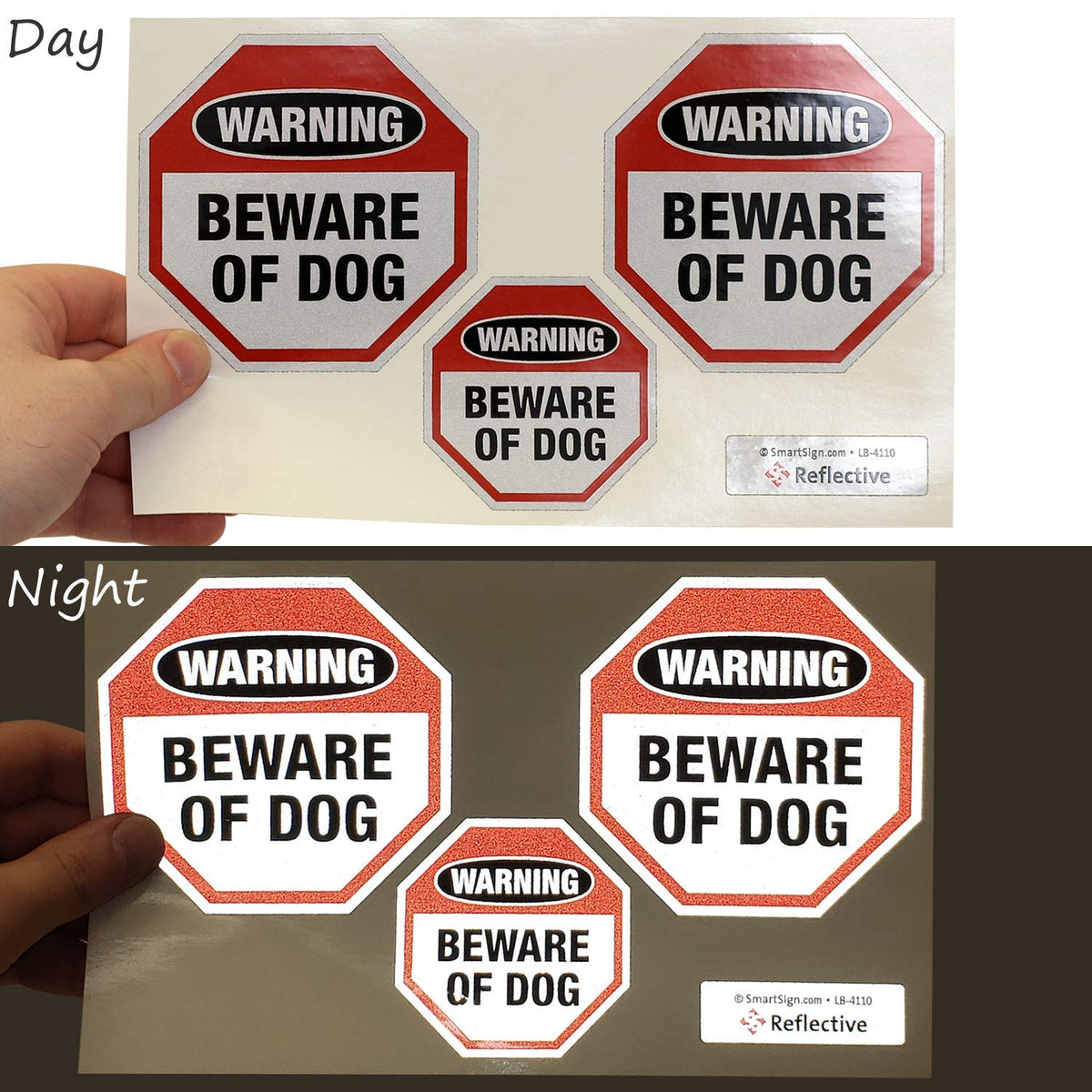 SmartSign Beware of Dog 4x4 close-up reveals crisp reflective surface detail.