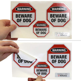 SmartSign Beware of Dog octagon 2.75-inch close-up highlights adhesive backing quality.