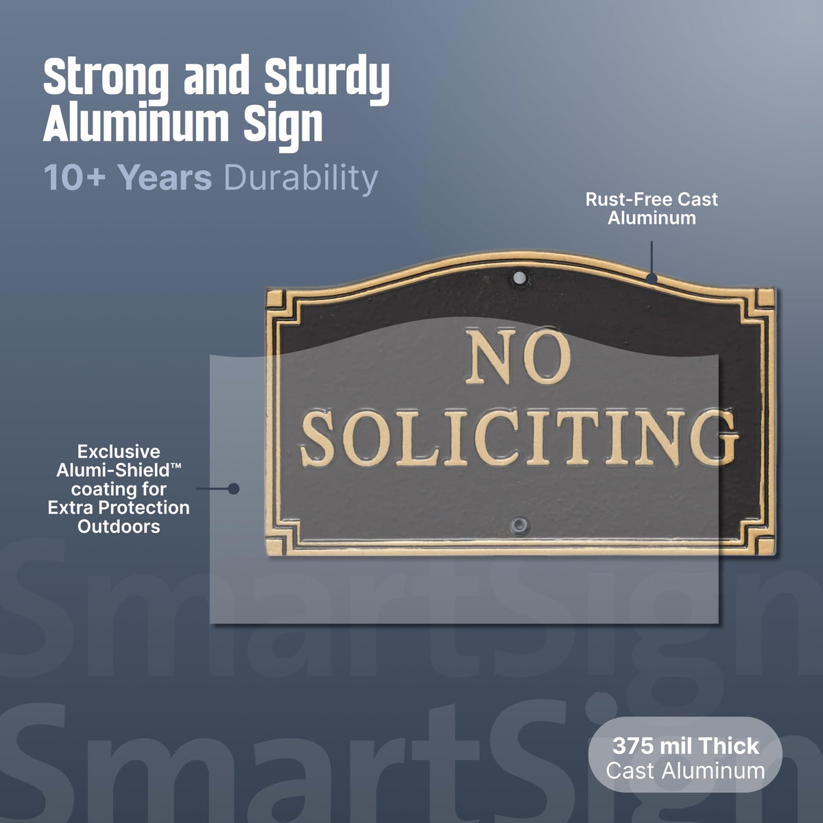 SmartSign garden plaque announces no soliciting in a decorative lawn setting