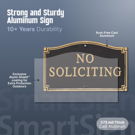 SmartSign garden plaque announces no soliciting in a decorative lawn setting