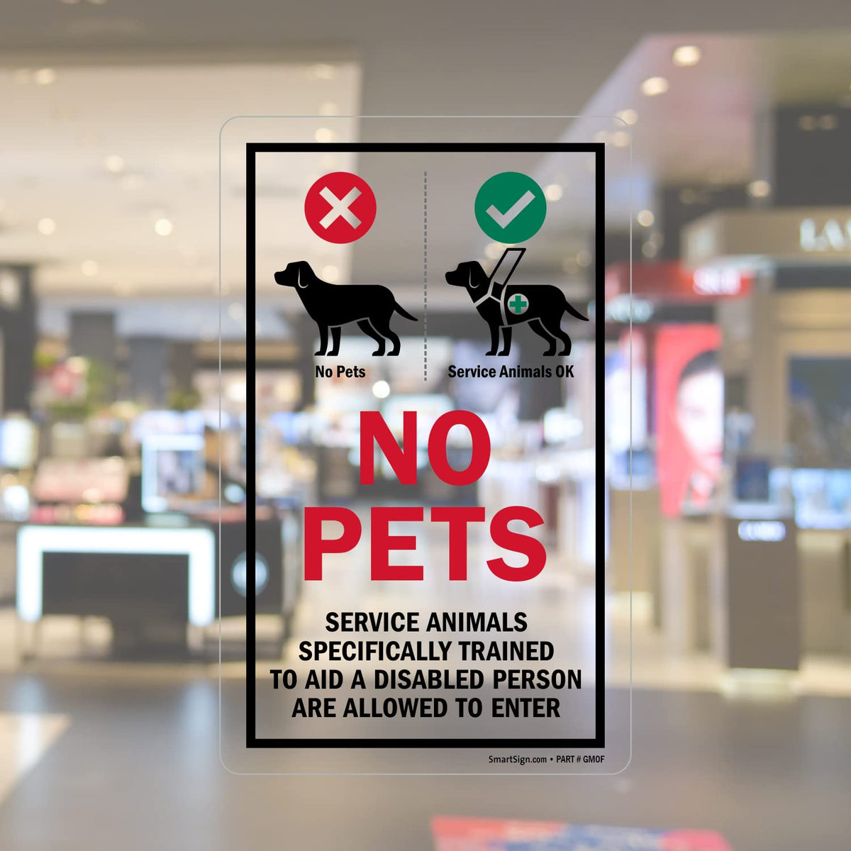 SmartSign No Pets decal, front view on glass door, clear readability from outside.