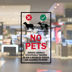 SmartSign No Pets decal, front view on glass door, clear readability from outside.