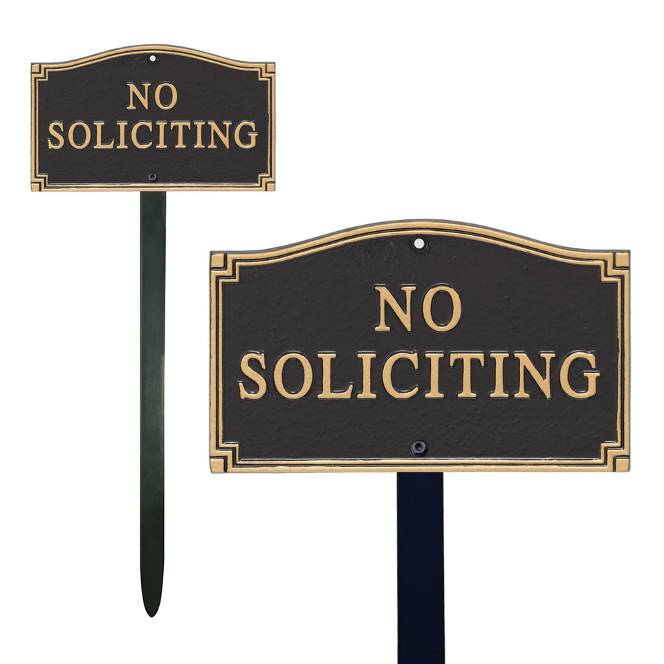 SmartSign no soliciting sign mounted on yard stake for clear outdoor messaging