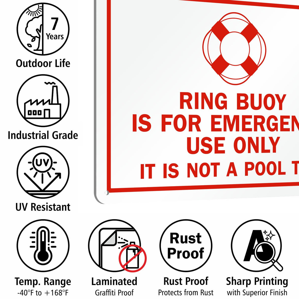 SmartSign ring buoy emergency sign red and white design for quick recognition.