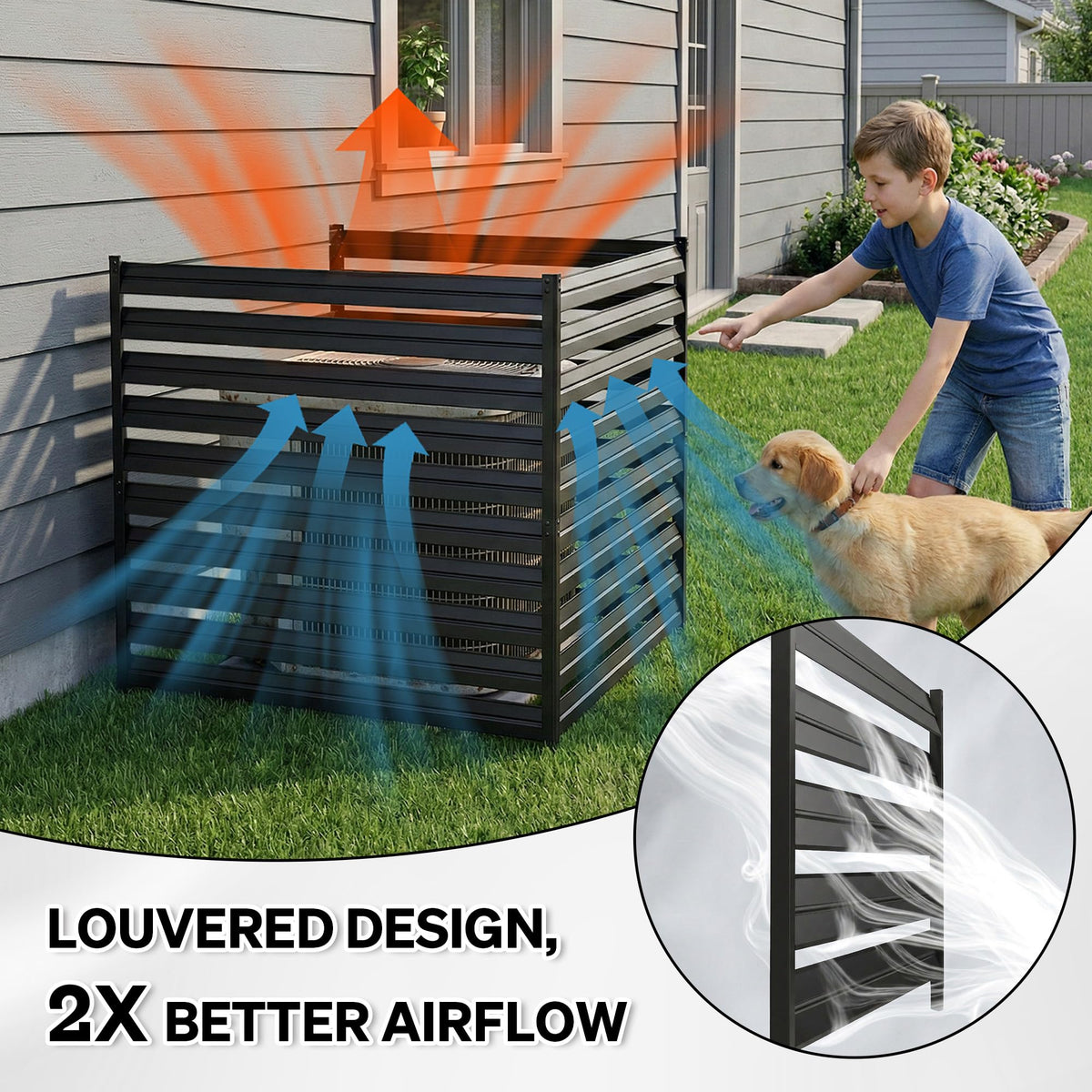 SMARTSTANDARD outdoor black fence conceals AC unit and improves curb appeal