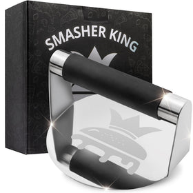 SMASHER KING mirror-polished burger press top view for even, crispy patties.