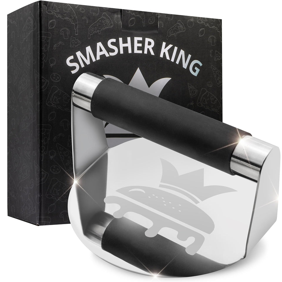 SMASHER KING mirror-polished burger press top view for even, crispy patties.