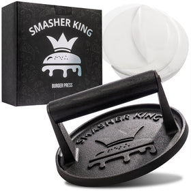 Smasher King premium cast iron burger press for even, juicy patties