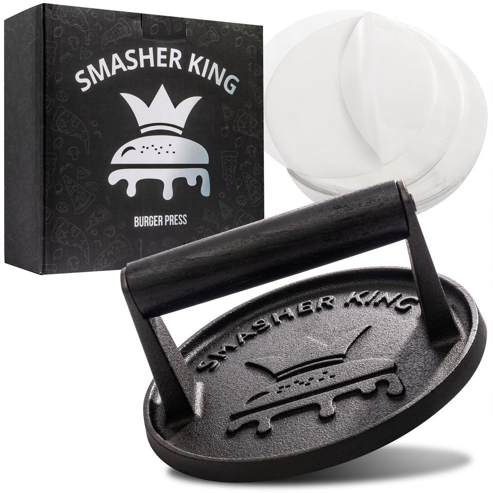 Smasher King premium cast iron burger press for even, juicy patties