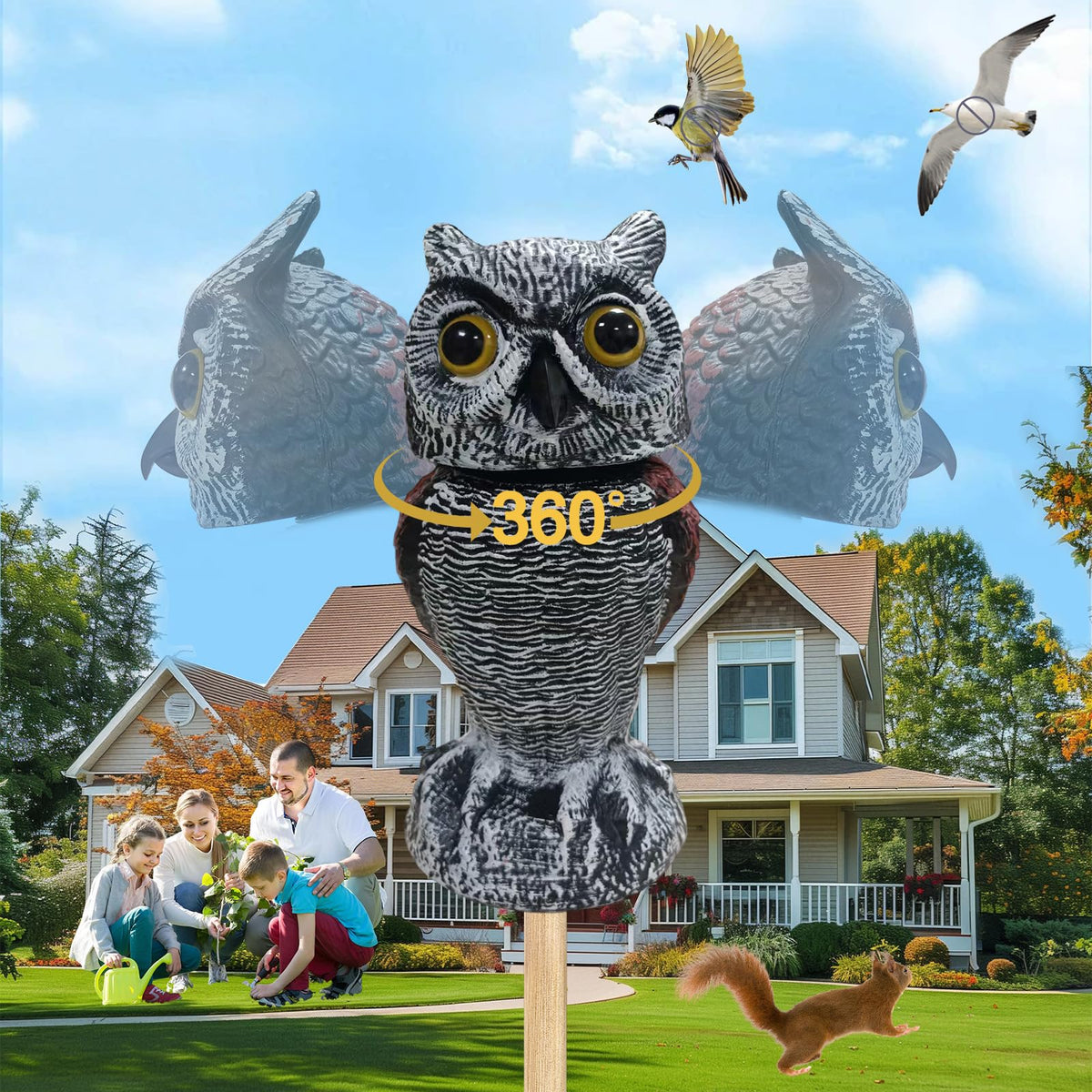 SMD35 fake owl decor with rotating head deters birds in outdoor gardens.