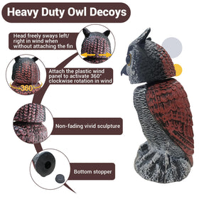 SMD35 owl decor wind-activated mechanism sways to scare birds.