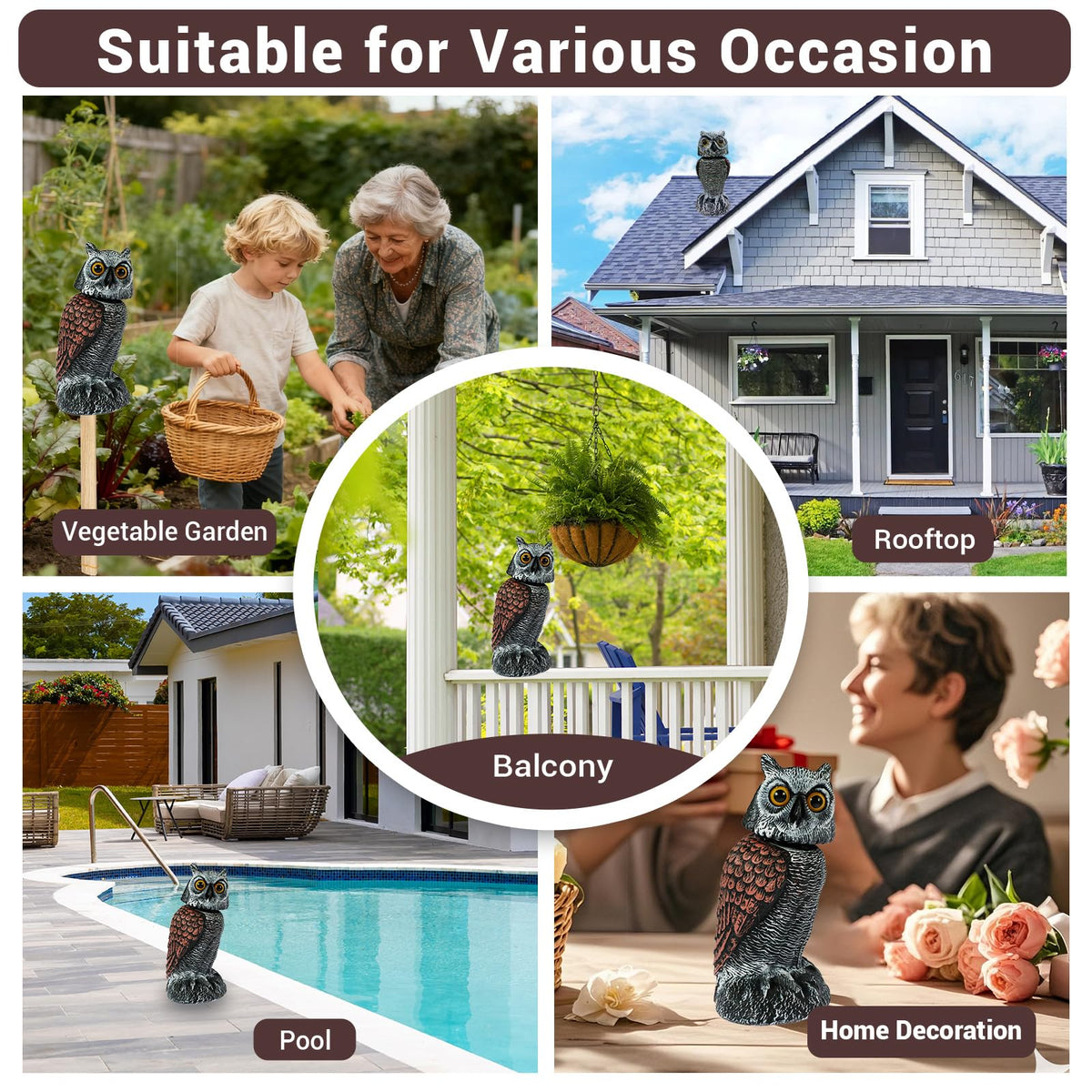 SMD35 outdoor owl deterrent guards plants while adding curb appeal.