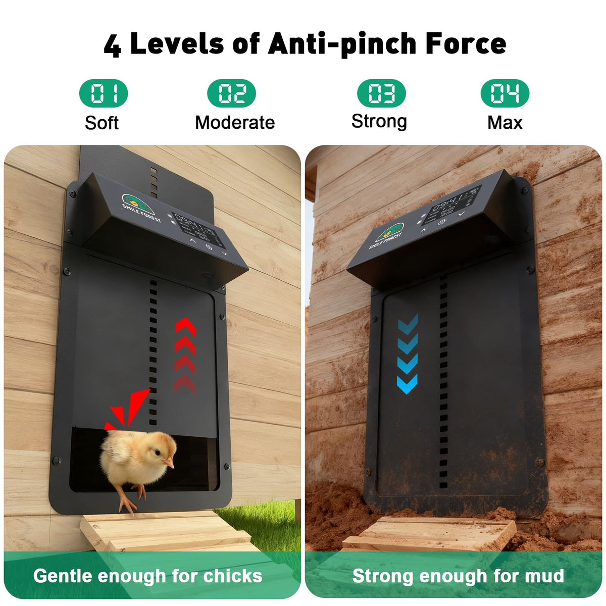 Smile Forest anti-pinch sensor keeps chicks safe by reversing the door if feet are detected.