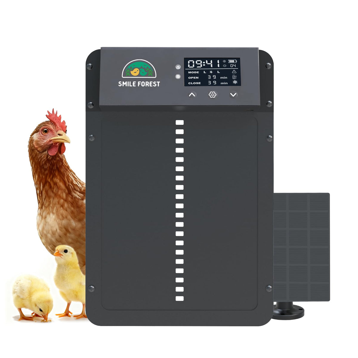 Smile Forest automatic chicken coop door with LCD display for quick, clear settings and scheduling.