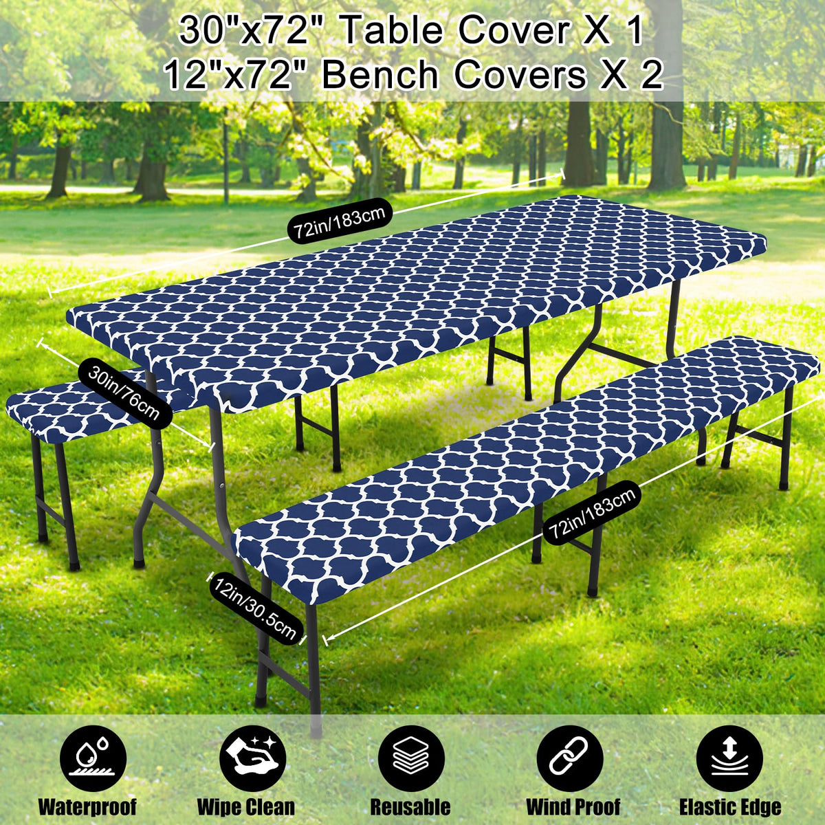 Smiry table cover set adapts to 6-foot tables for indoor and outdoor use.