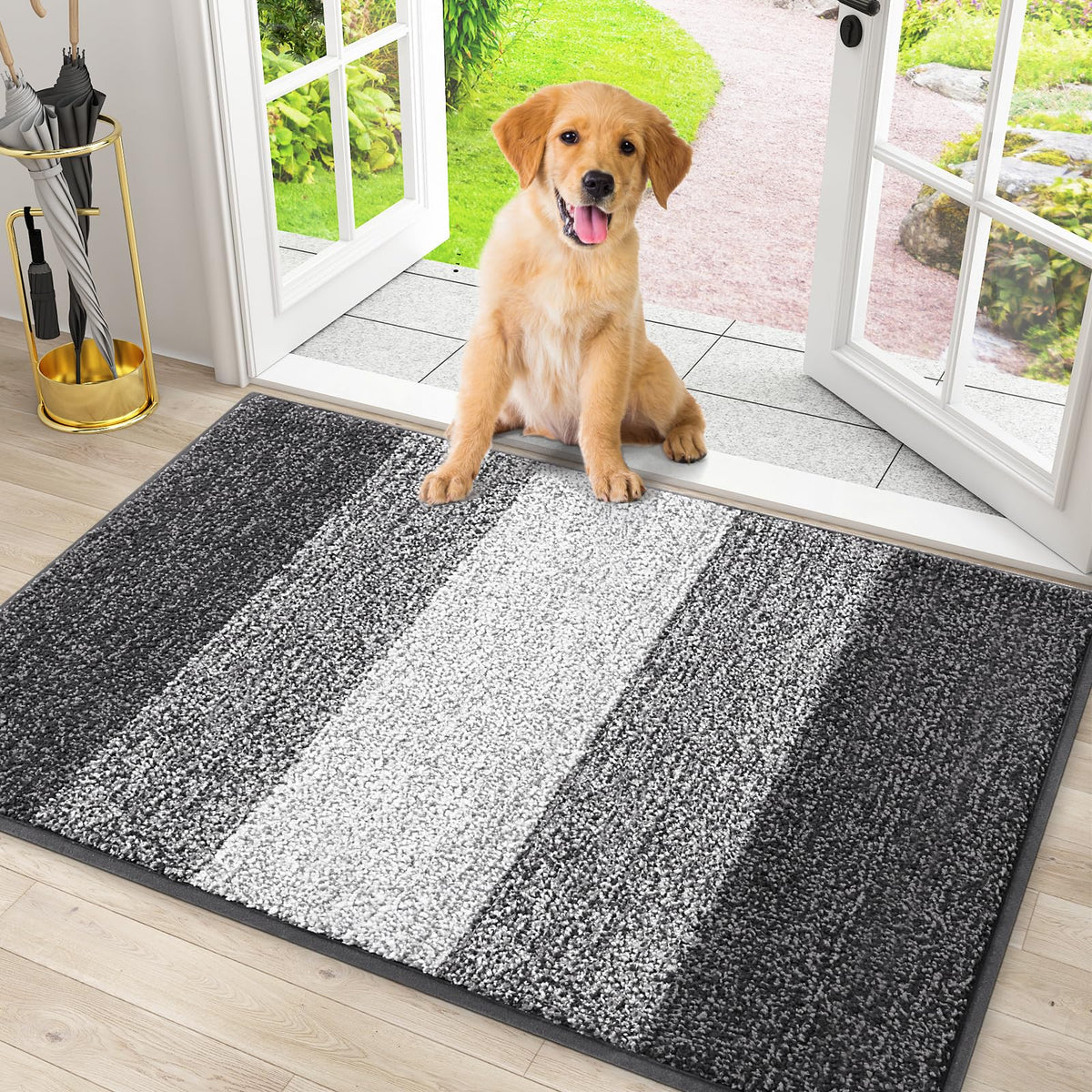 Smiry dog door mat absorbs moisture and dirt to keep footwear clean.