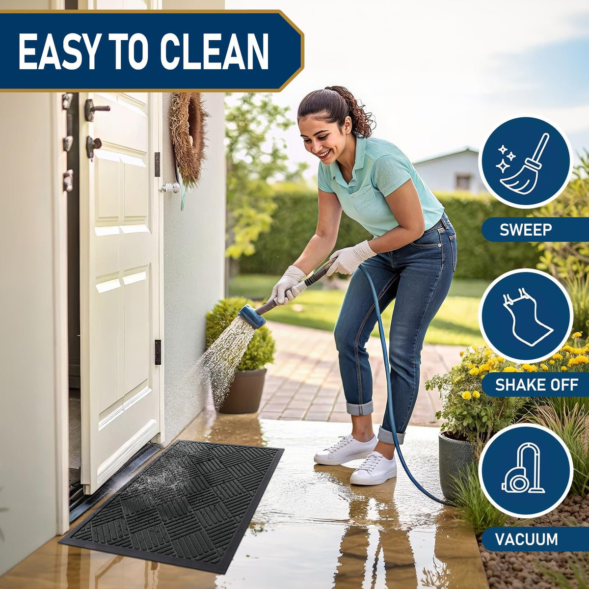 Smiry front door mat easy-clean surface wipes or washes quickly.