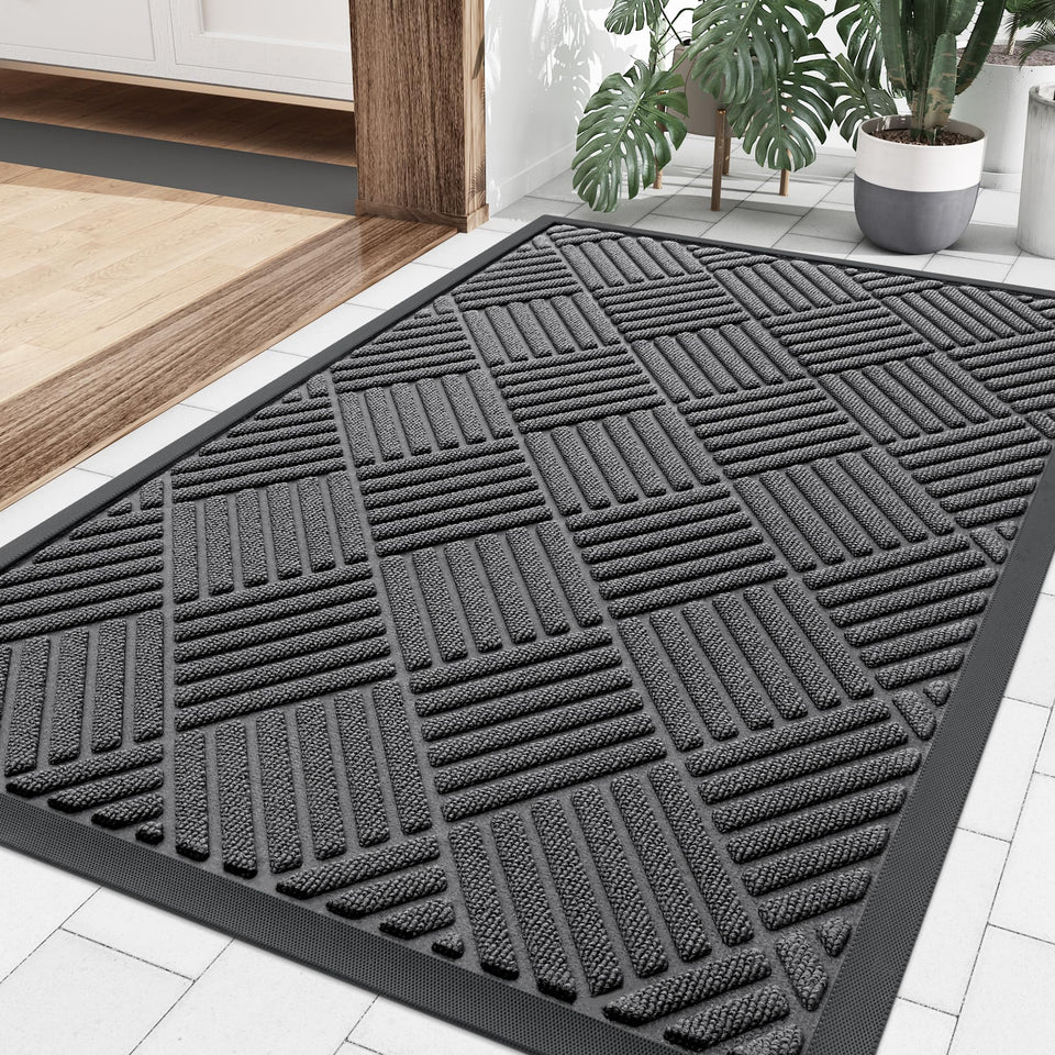 Smiry front door mat for outdoor and indoor use traps dirt and moisture.
