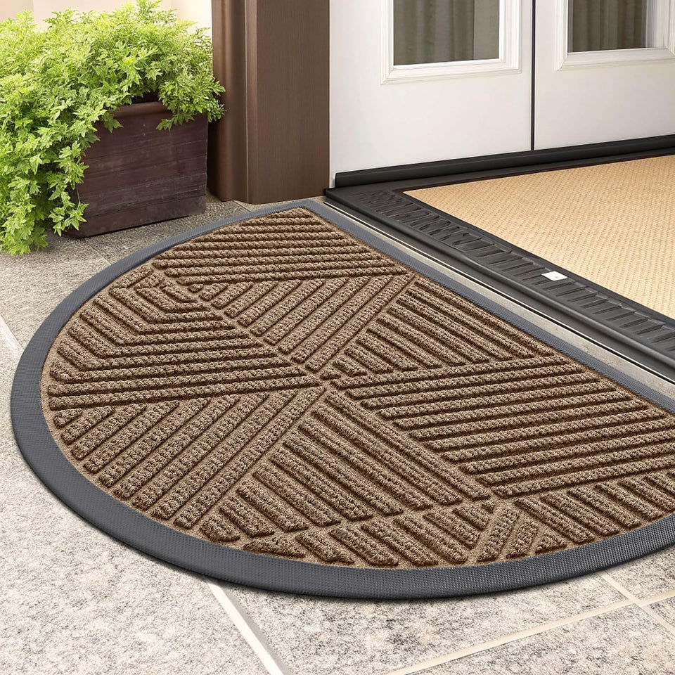 Smiry half-circle front door mat brown with moisture absorption for entryways.
