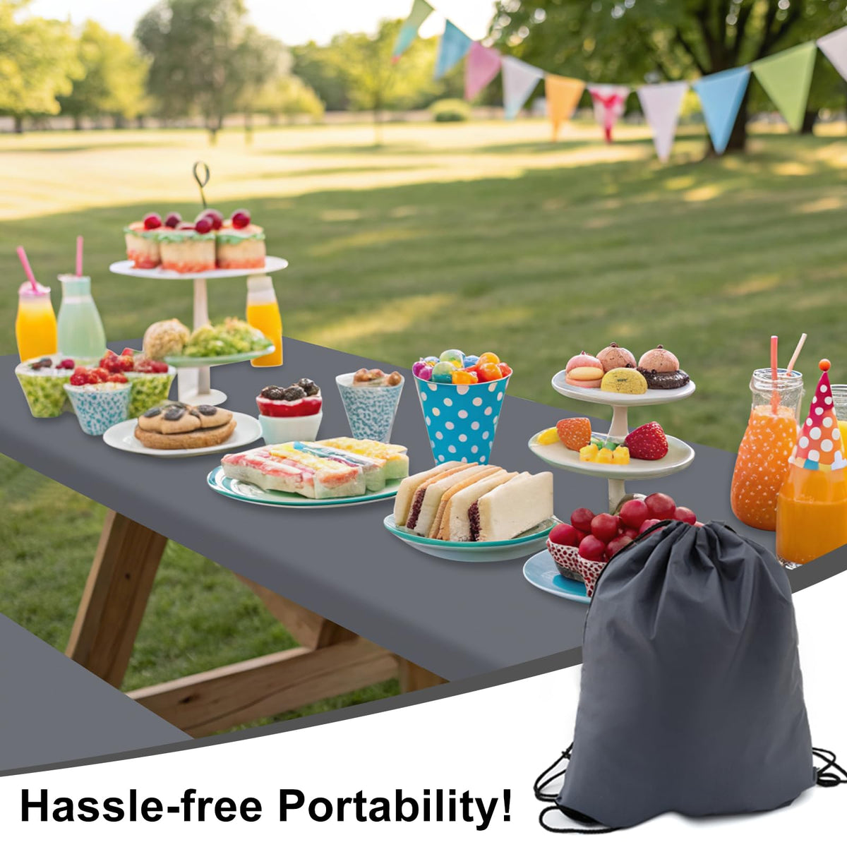 Smiry outdoor dining setup featuring grey tablecloth and matching bench covers