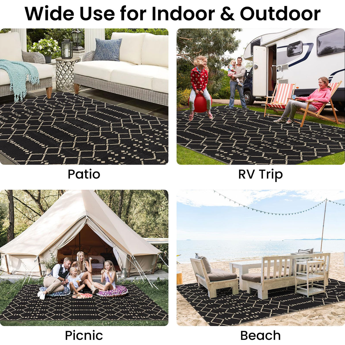 Smiry outdoor rug ideal for picnics, beaches, and decks.