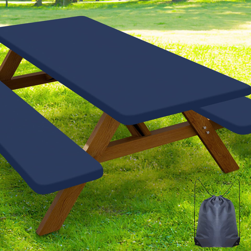 Smiry picnic table cover on navy 72-inch table protects surfaces outdoors.