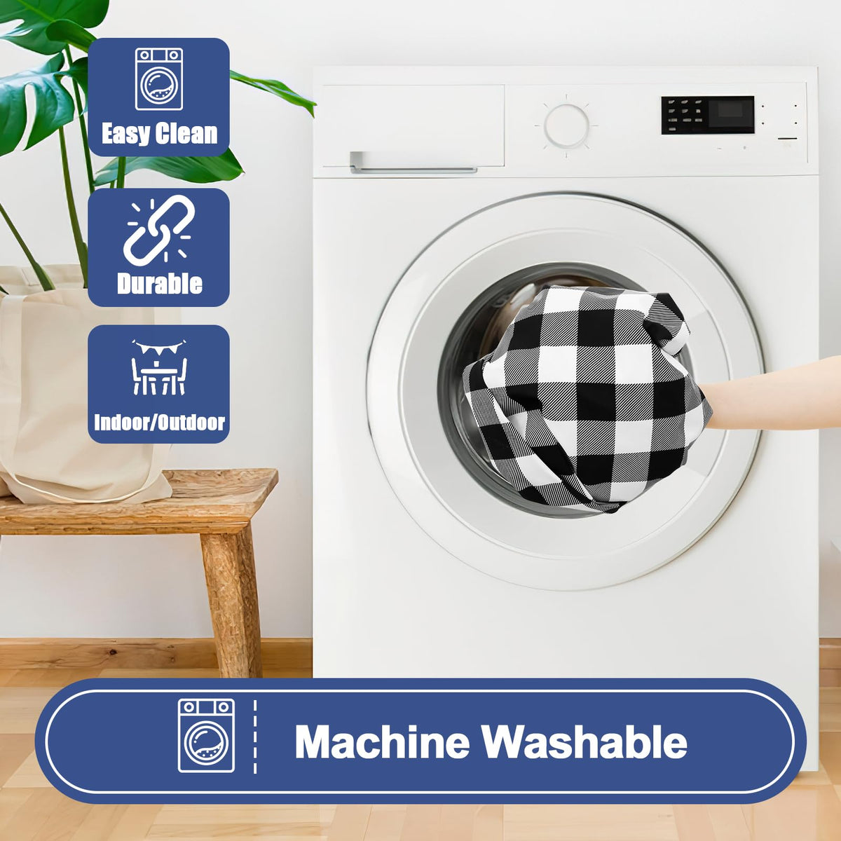 Machine washable design keeps plaid look after outdoor use