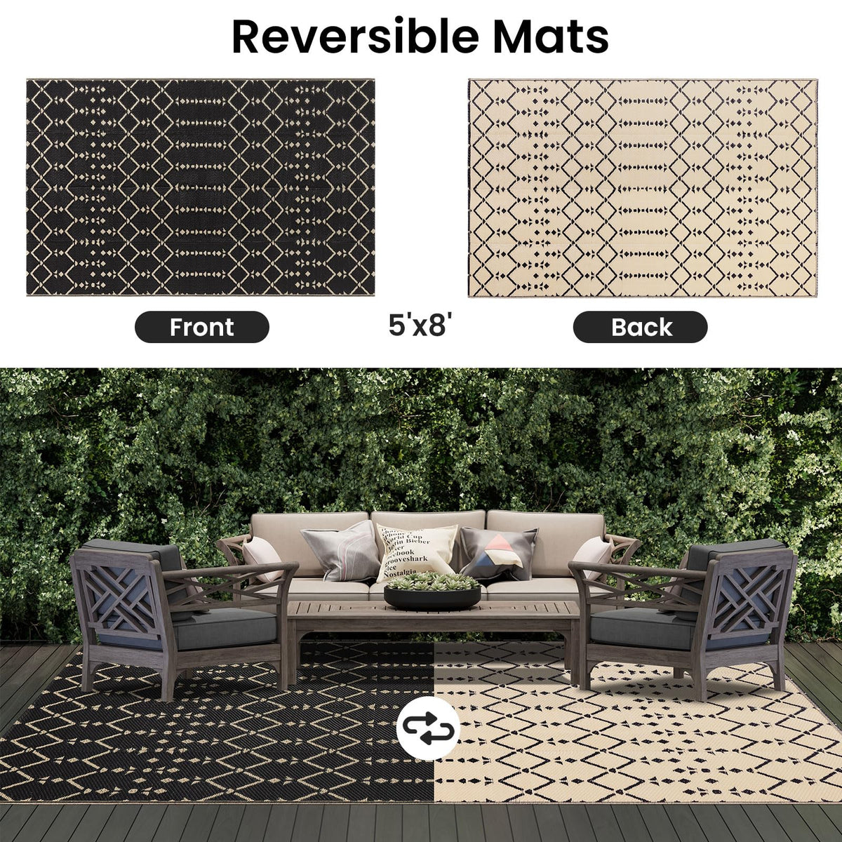 Smiry UV-protected outdoor mat guards color from sun.