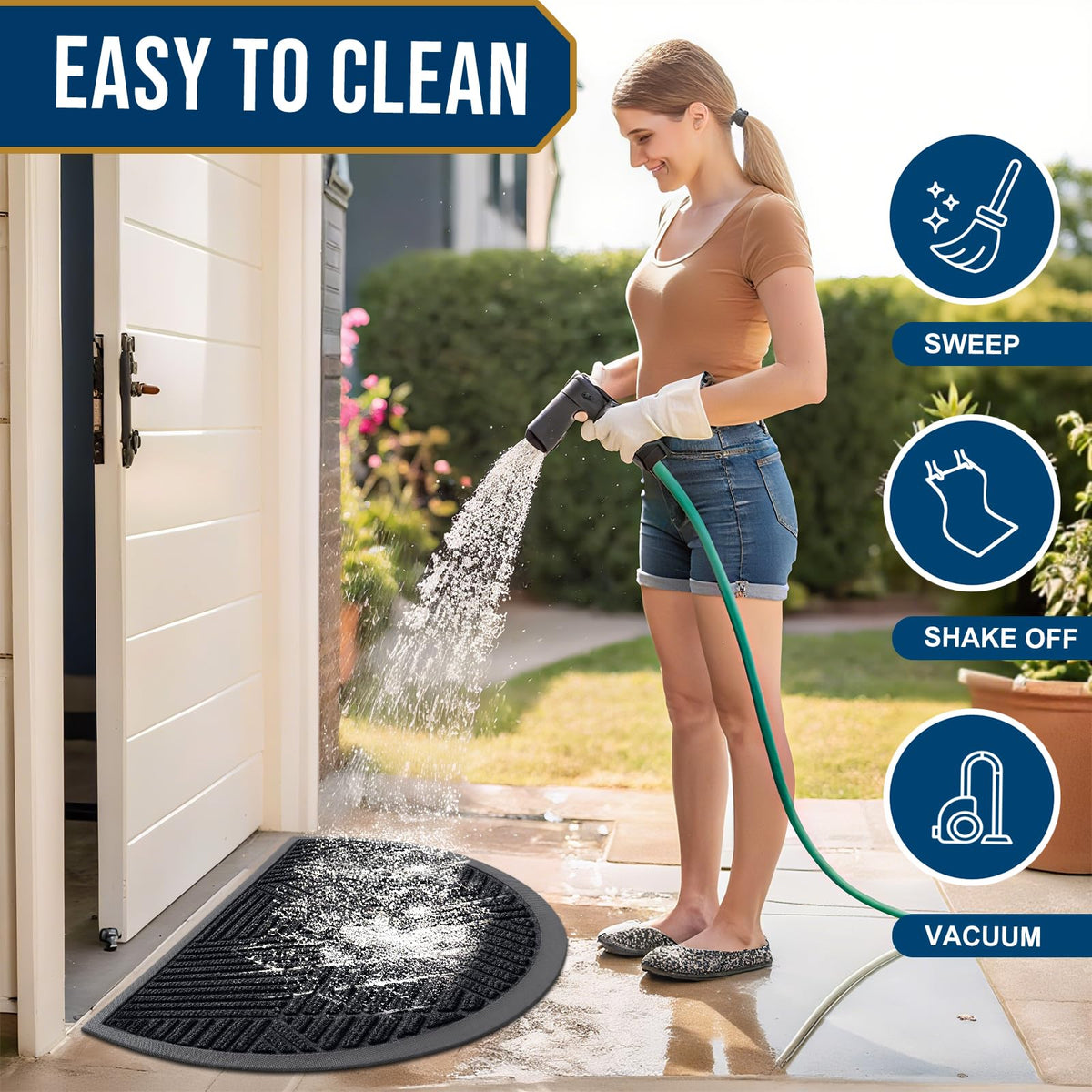 Smiry water-repellent mat dries quickly after rain or snow for quick entry.