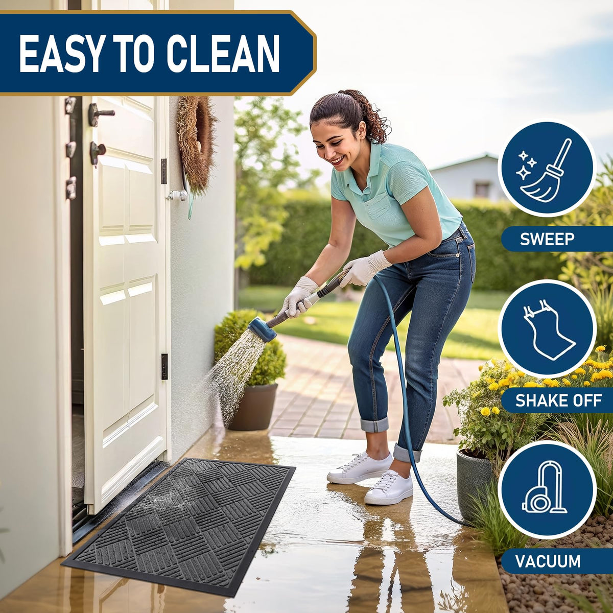 Smiry weather-resistant mat endures rain, snow, and mud without fading.
