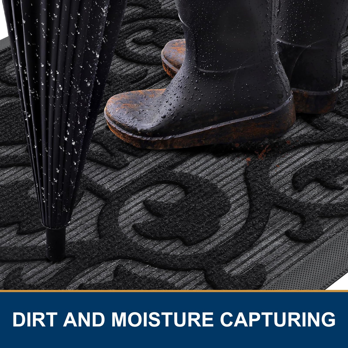 Smiry door mat shows dirt-trapping grooves for tidy entry.