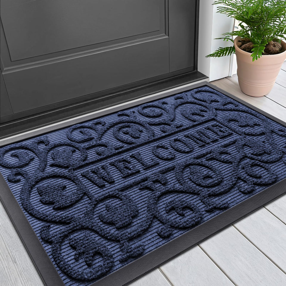 Smiry welcome door mat in navy blue traps dirt at entry for a cleaner floor.