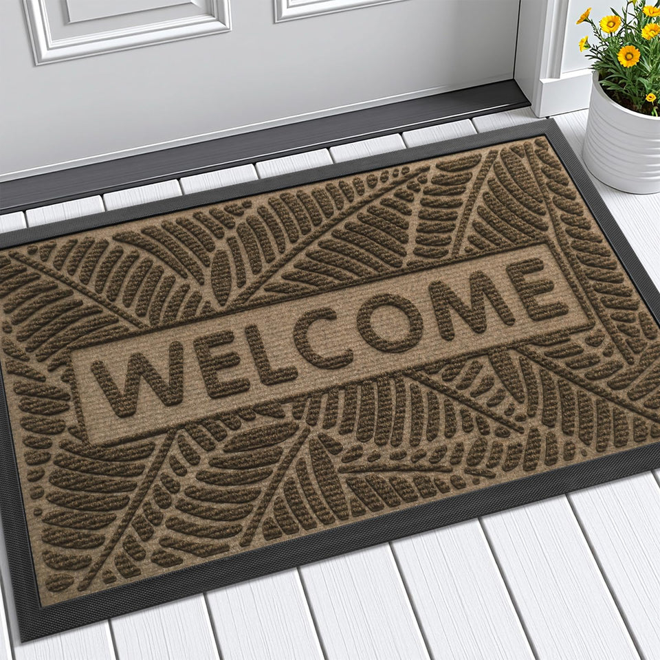 Smiry Welcome Mat brown front view at doorway showing inviting entry and color