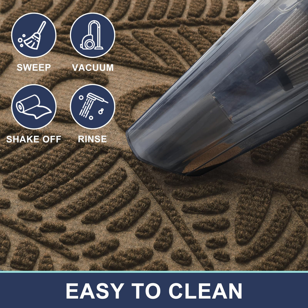 Easy-clean Smiry mat rinses clean with hose and air dry