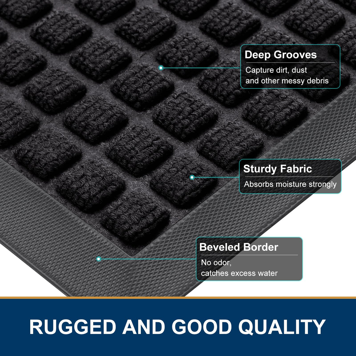 Smiry woven polyester surface traps dirt, mud, and sand at the threshold