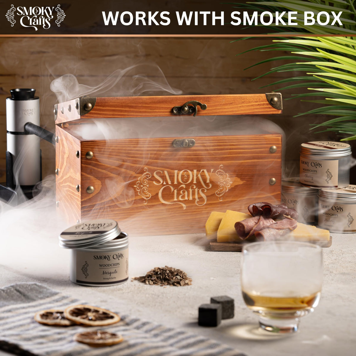 Smoky Crafts cherry chips in cocktail setup deliver bright aromatic notes.